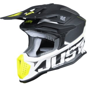 JUST1 J18F Hexa Black / Grey / Yellow Fluo / White Matt 2025 Motocross Helmet - Image 1