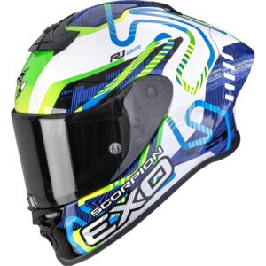 SCORPION Exo-R1 Evo II Air Cornering White / Blue / Green Full-Face Helmet - Image 1